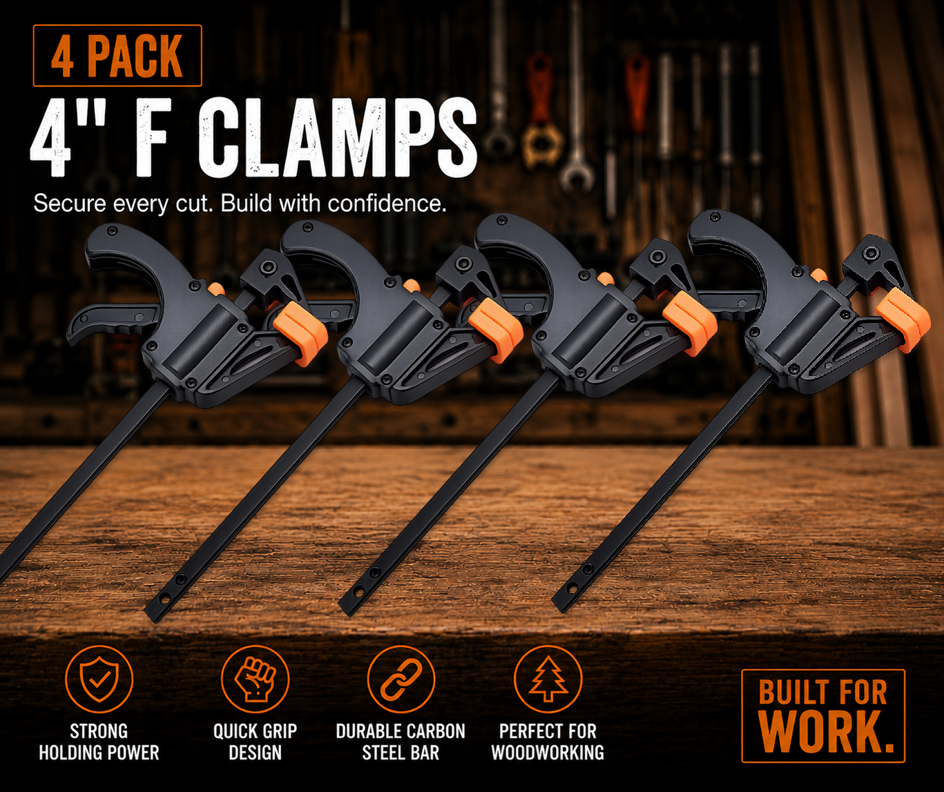 4-Pack 4-Inch Woodworking F Clamps – Quick Grip Bar Clamps for Woodworking & DIY