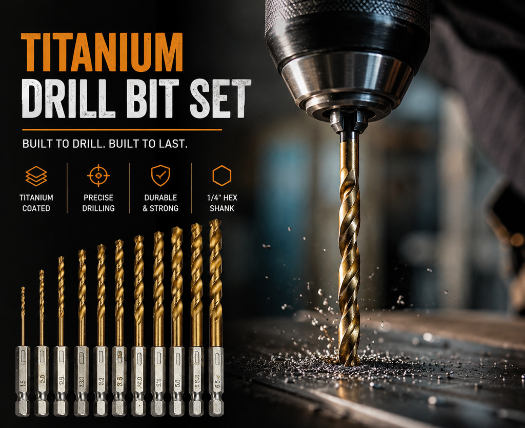 ShiftBuilt Titanium Coated Hex Shank Drill Bit Set – 10 Piece HSS Metal & Wood Drill Bits