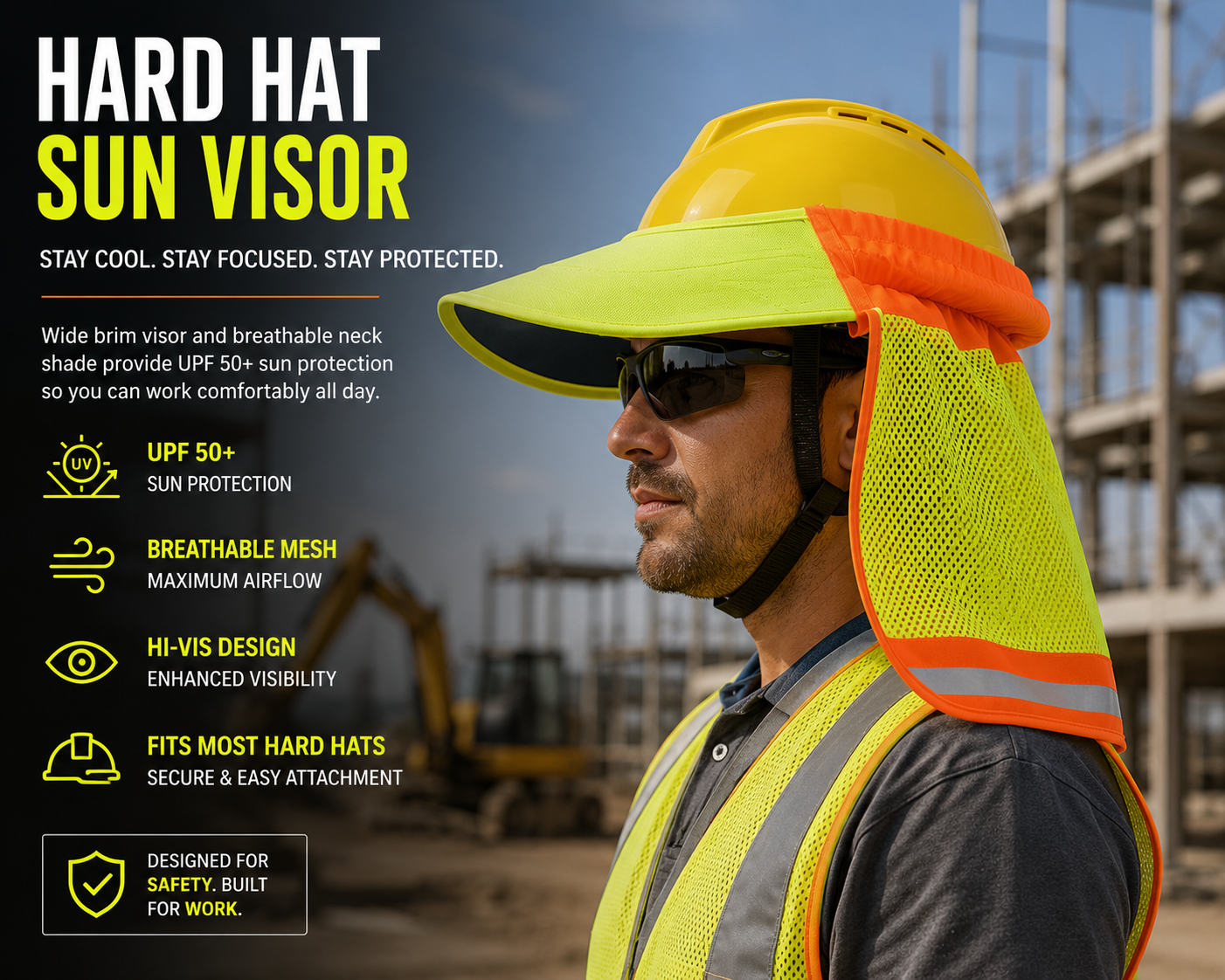 ShiftBuilt Hard Hat Sun Visor with Neck Shade – Hi-Vis UV Protection Helmet Attachment