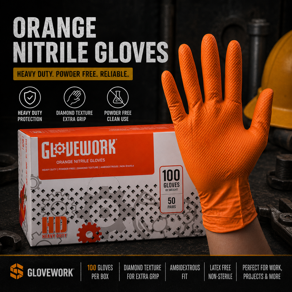 Heavy Duty Orange Nitrile Gloves - 100 Count Diamond Grip Work Gloves