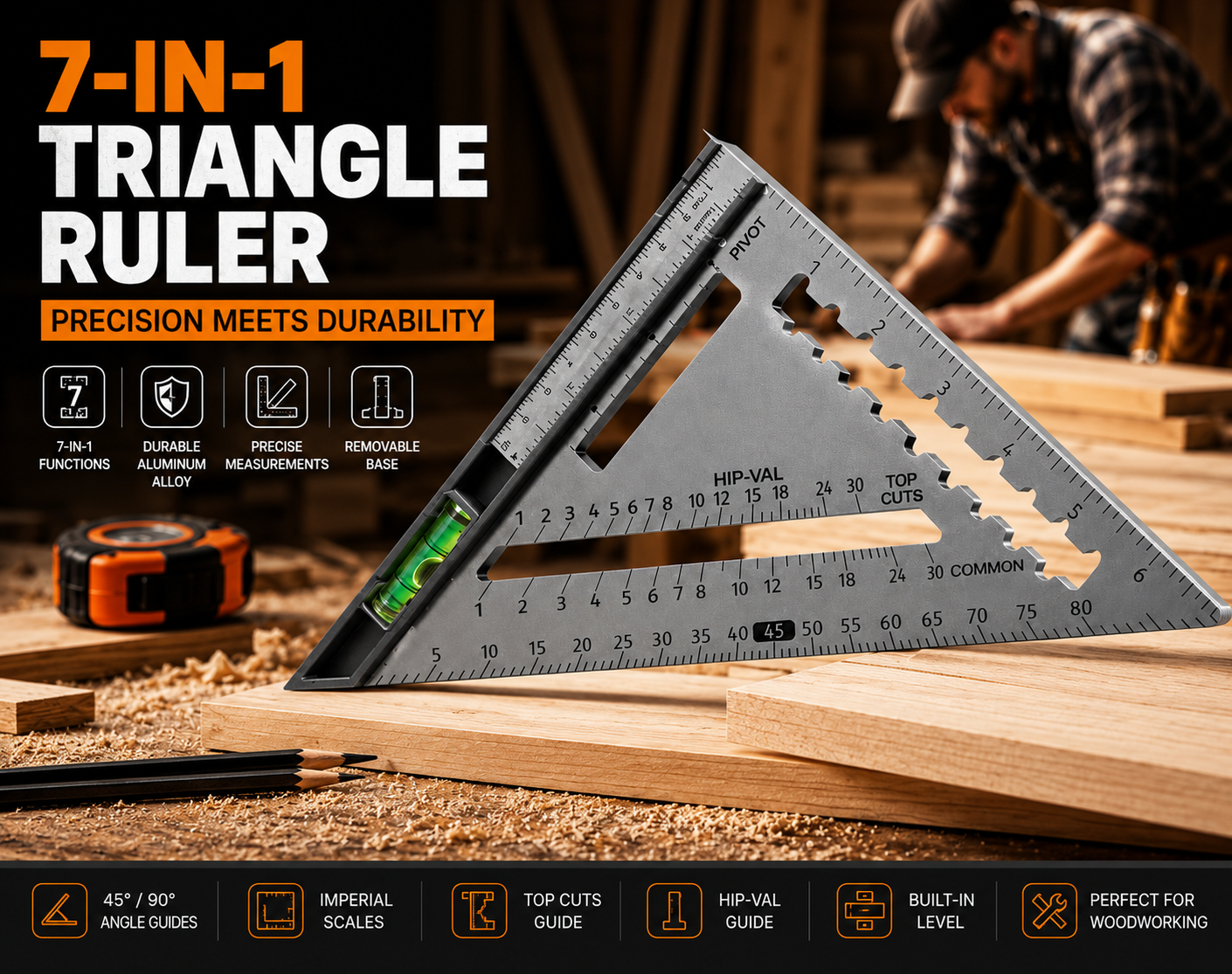 7-in-1 Aluminum Speed Square with Built-In Level – Carpenter Triangle Ruler & Layout Tool