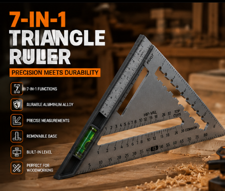 7-in-1 Aluminum Speed Square with Built-In Level – Carpenter Triangle Ruler & Layout Tool