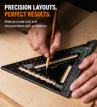 7-in-1 Aluminum Speed Square with Built-In Level – Carpenter Triangle Ruler & Layout Tool