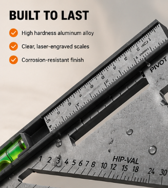 7-in-1 Aluminum Speed Square with Built-In Level – Carpenter Triangle Ruler & Layout Tool