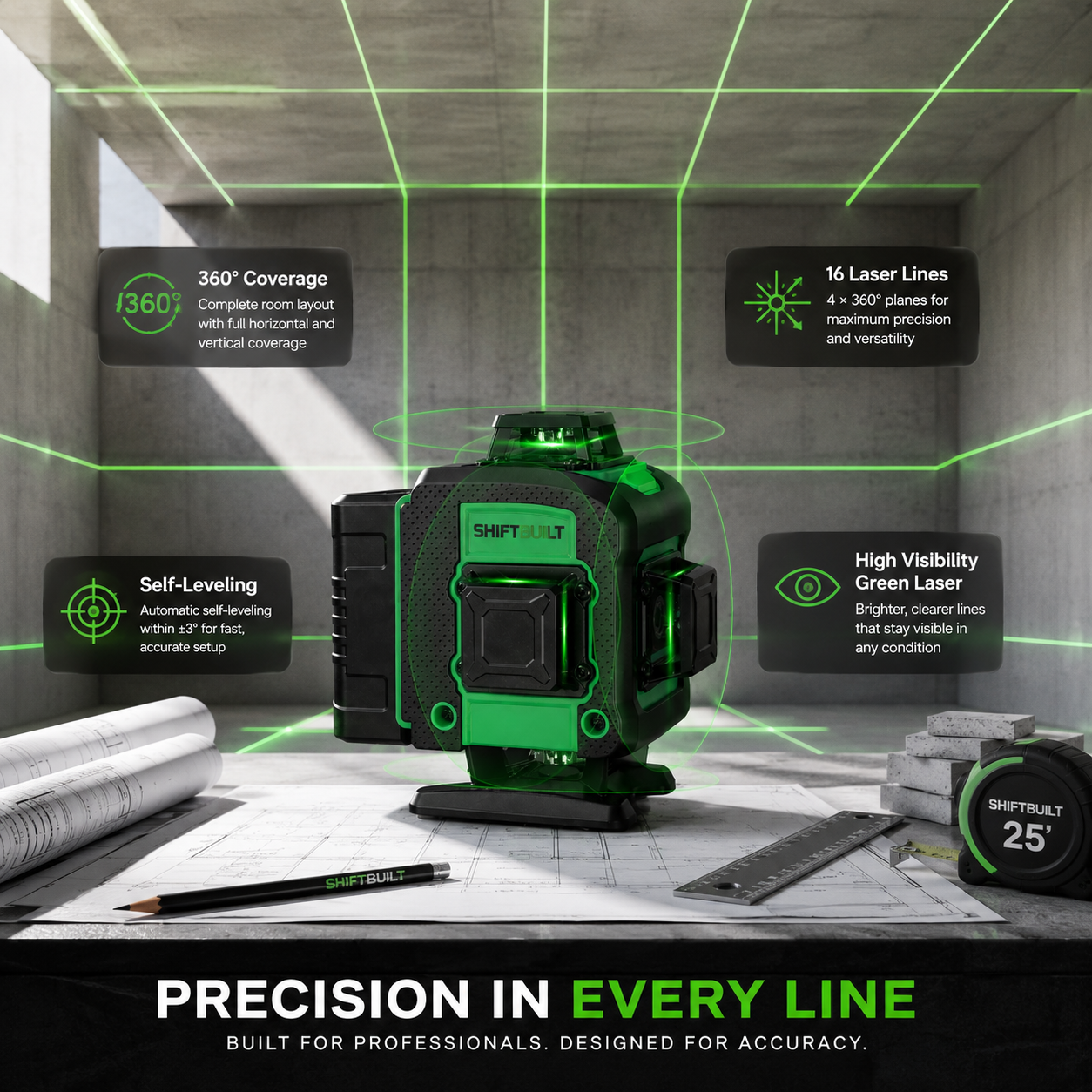 ShiftBuilt 16-Line Green Laser Level Kit | 360° Self-Leveling Cross Line Laser with Rechargeable Batteries & Magnetic Mount