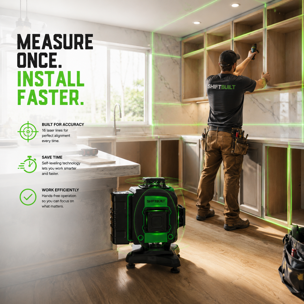 ShiftBuilt 16-Line Green Laser Level Kit | 360° Self-Leveling Cross Line Laser with Rechargeable Batteries & Magnetic Mount