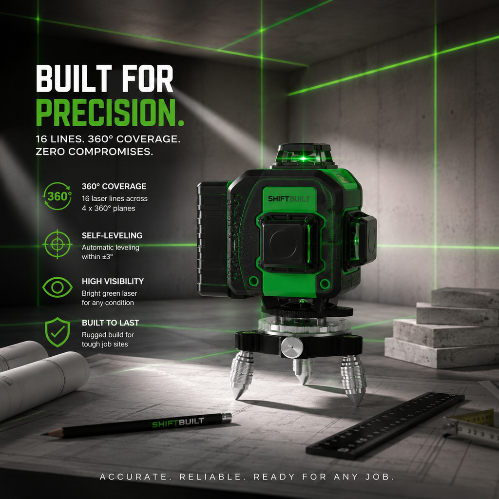ShiftBuilt 16-Line Green Laser Level Kit | 360° Self-Leveling Cross Line Laser with Rechargeable Batteries & Magnetic Mount