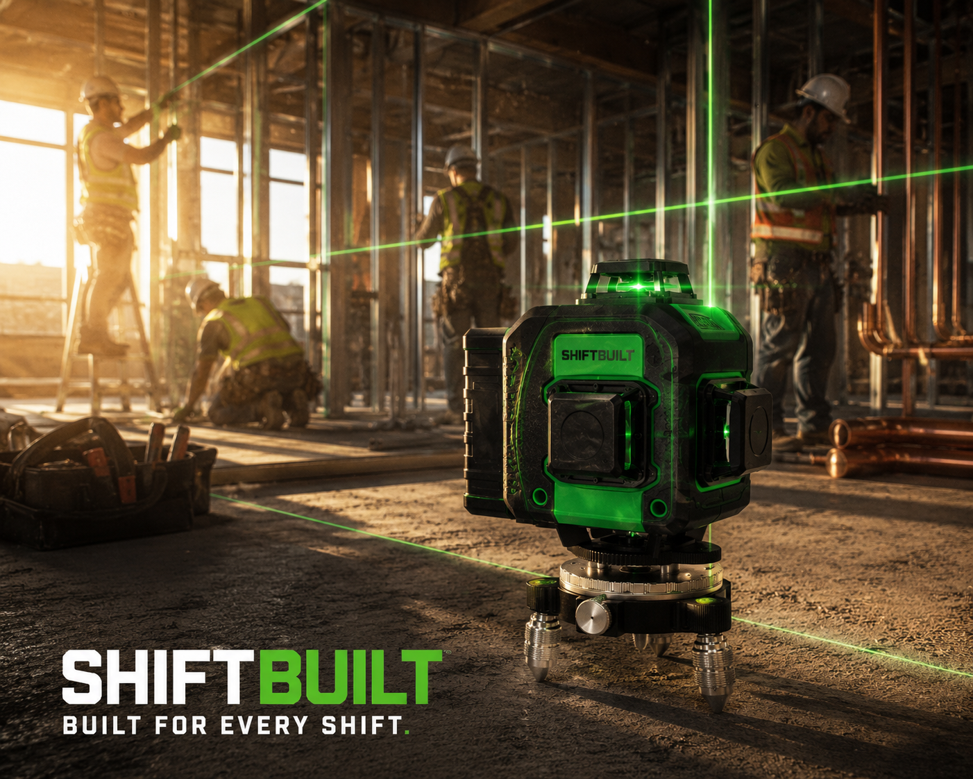 ShiftBuilt 16-Line Green Laser Level Kit | 360° Self-Leveling Cross Line Laser with Rechargeable Batteries & Magnetic Mount