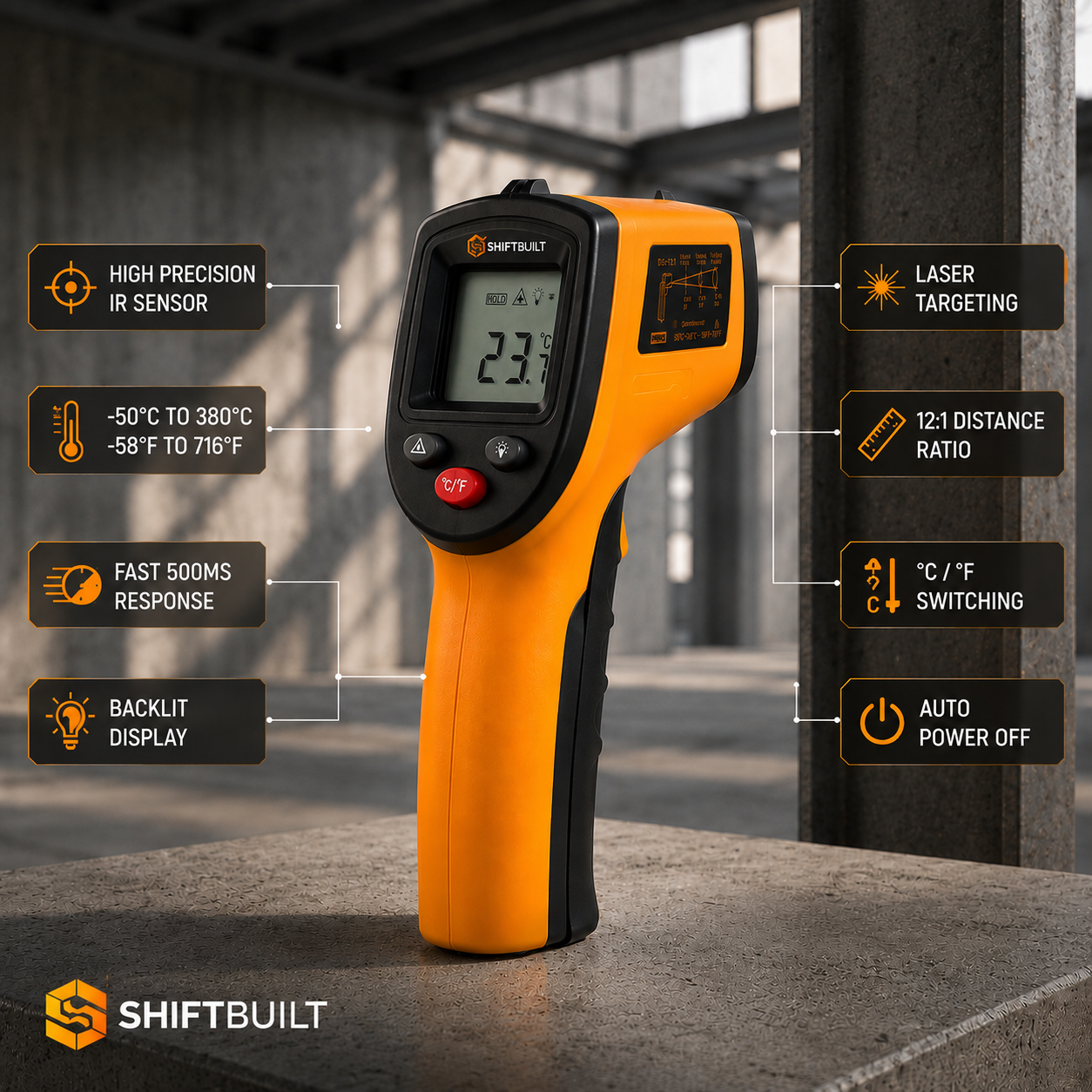 ShiftBuilt Professional Infrared Thermometer | Non-Contact Laser Temperature Gun