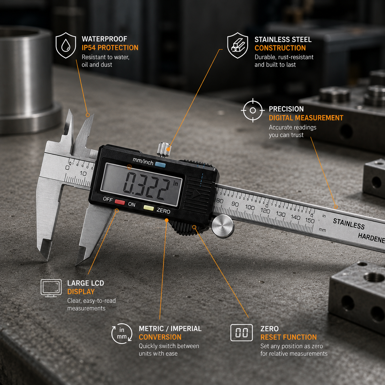 ShiftBuilt Digital Stainless Steel Caliper | IP54 Waterproof Precision Measuring Tool (0–150mm / 6")