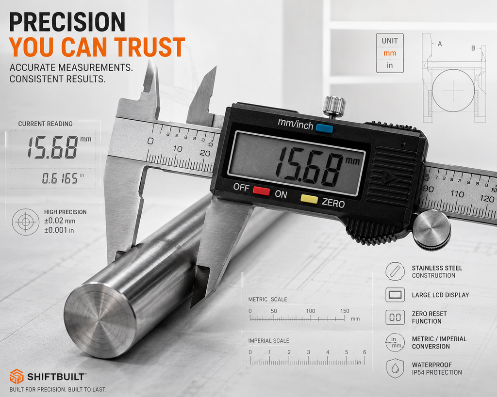 ShiftBuilt Digital Stainless Steel Caliper | IP54 Waterproof Precision Measuring Tool (0–150mm / 6")