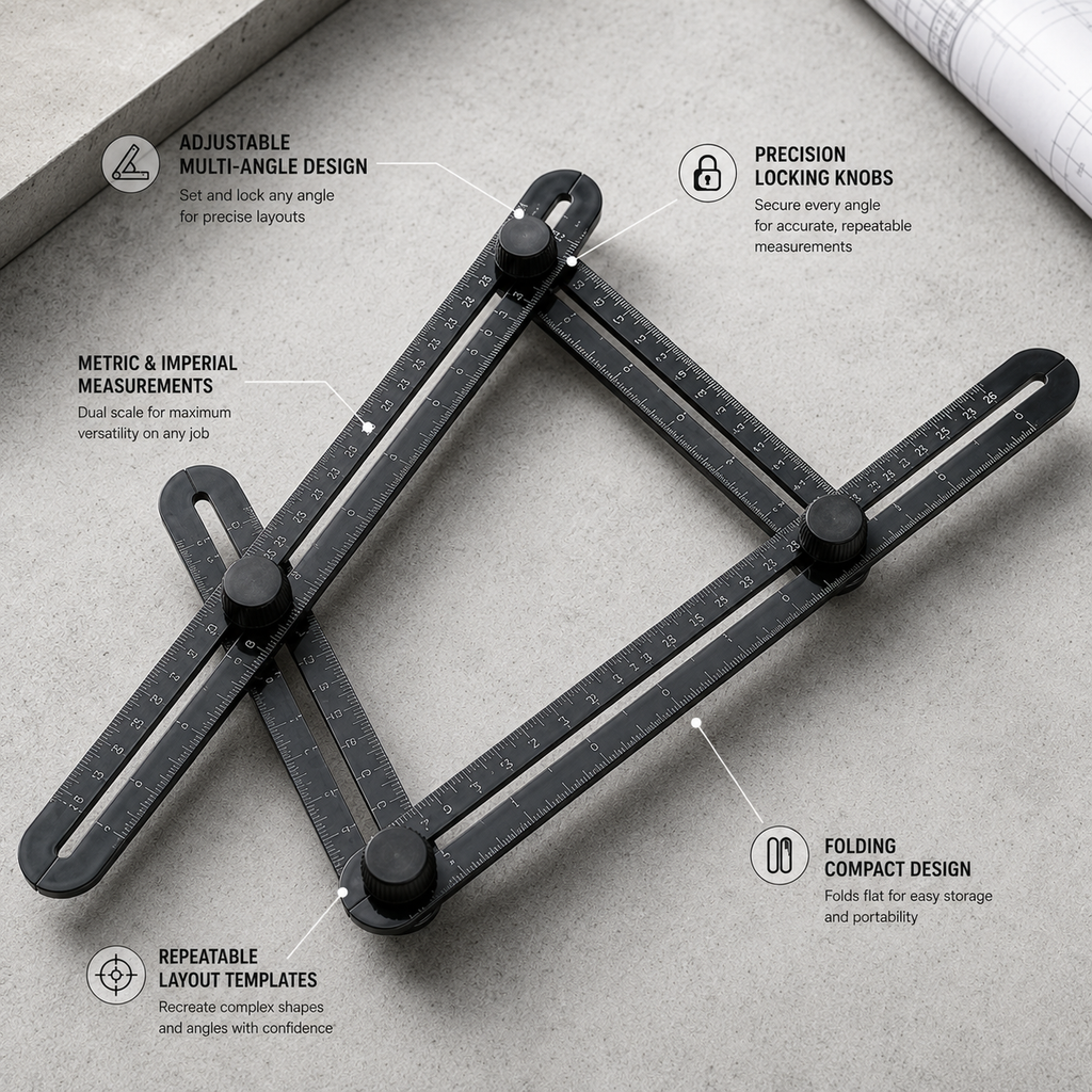 ShiftBuilt Adjustable Angle Measuring Template Tool | Multi-Angle Layout Ruler
