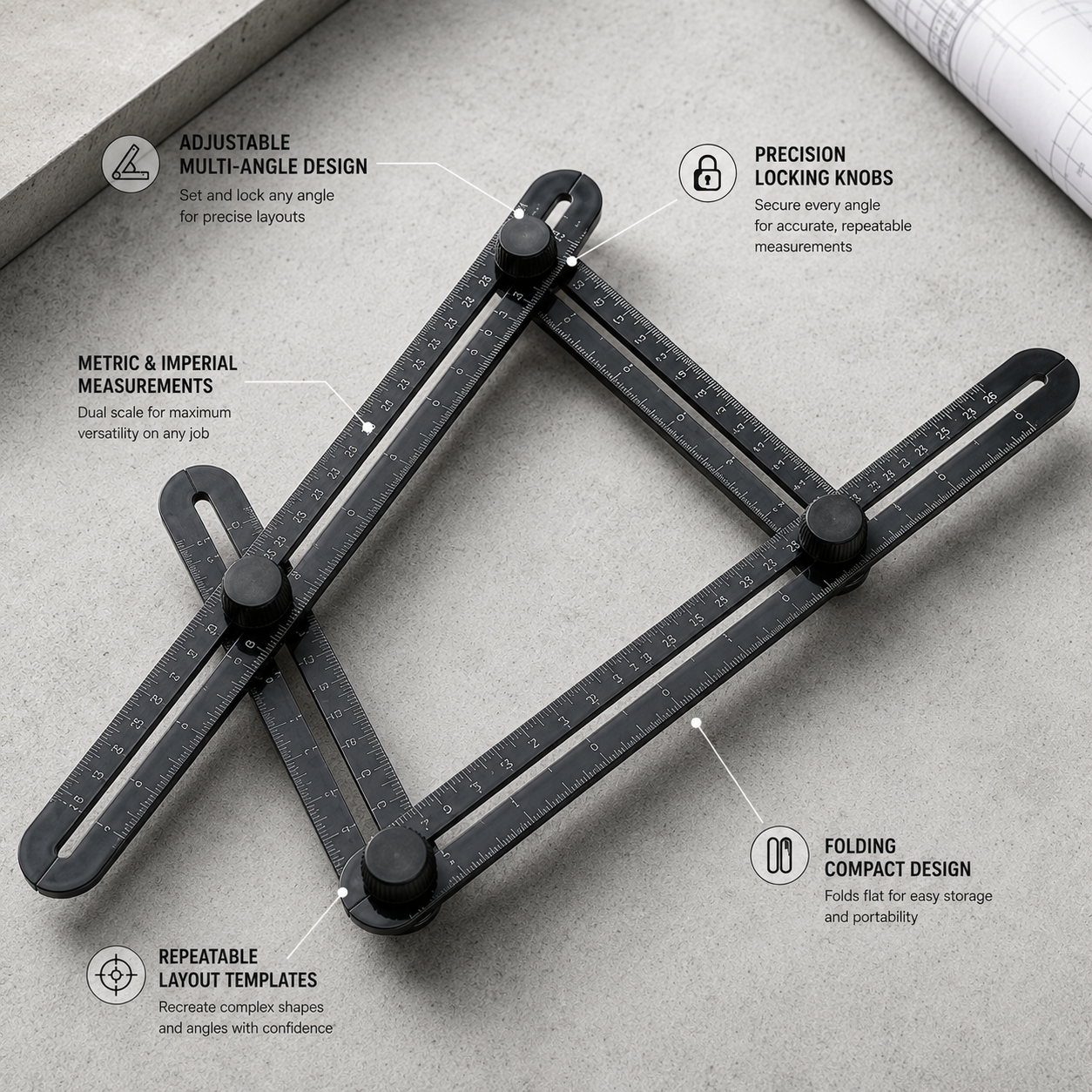 ShiftBuilt Adjustable Angle Measuring Template Tool | Multi-Angle Layout Ruler