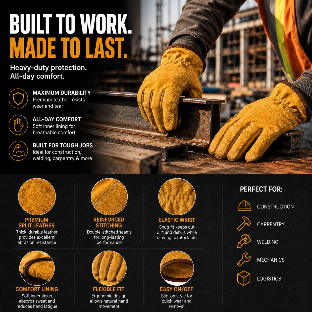 ShiftBuilt HeavyGrip Leather Work Gloves