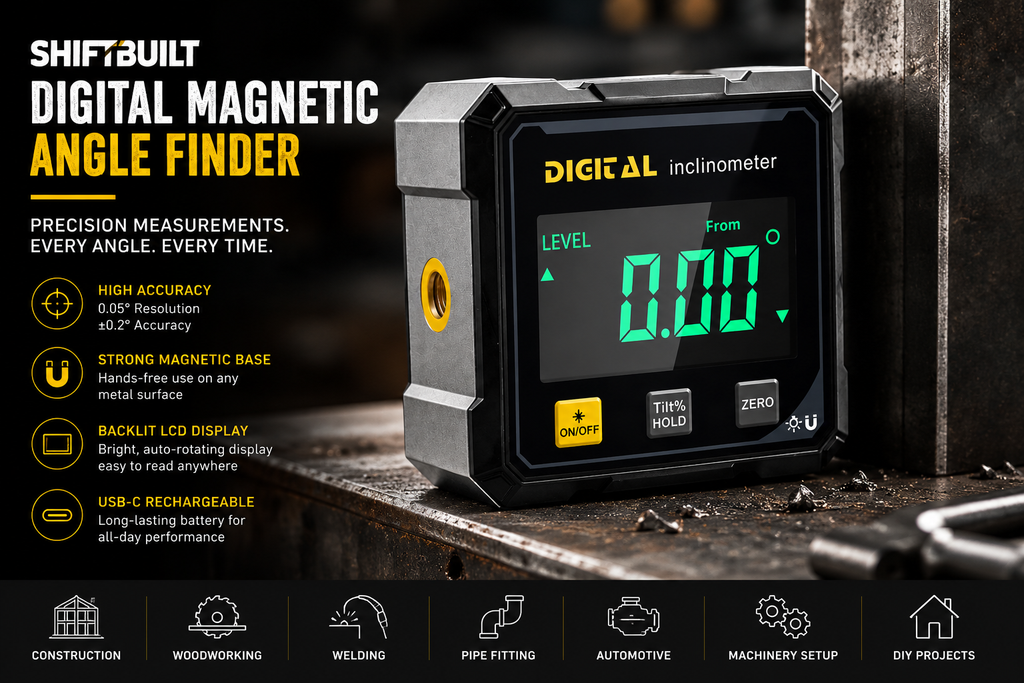 ShiftBuilt Digital Magnetic Angle Finder & Inclinometer – Rechargeable Electronic Level